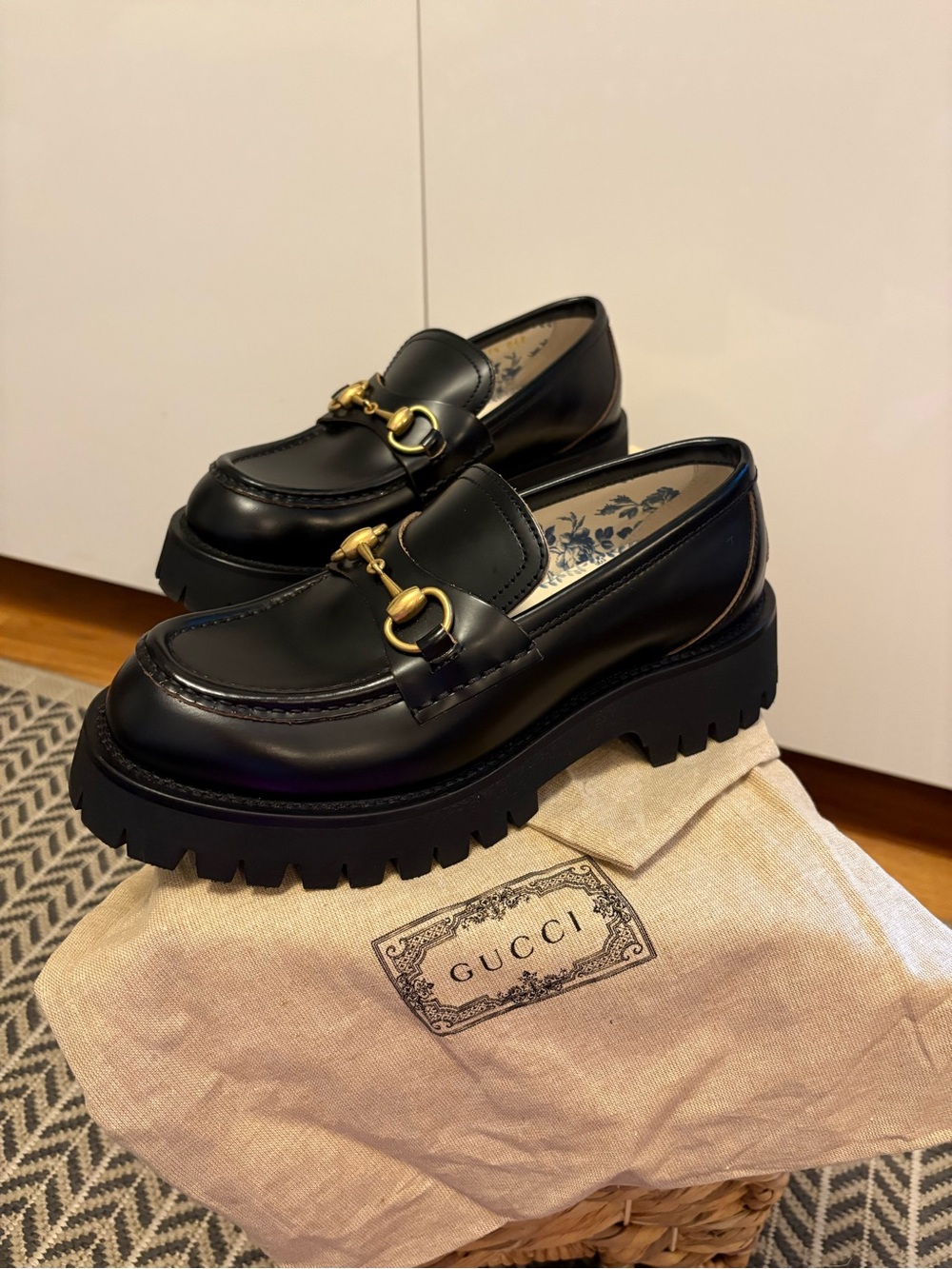 Gucci Black Leather Lug Sole Loafers with classic Horsebit brass Hardware.